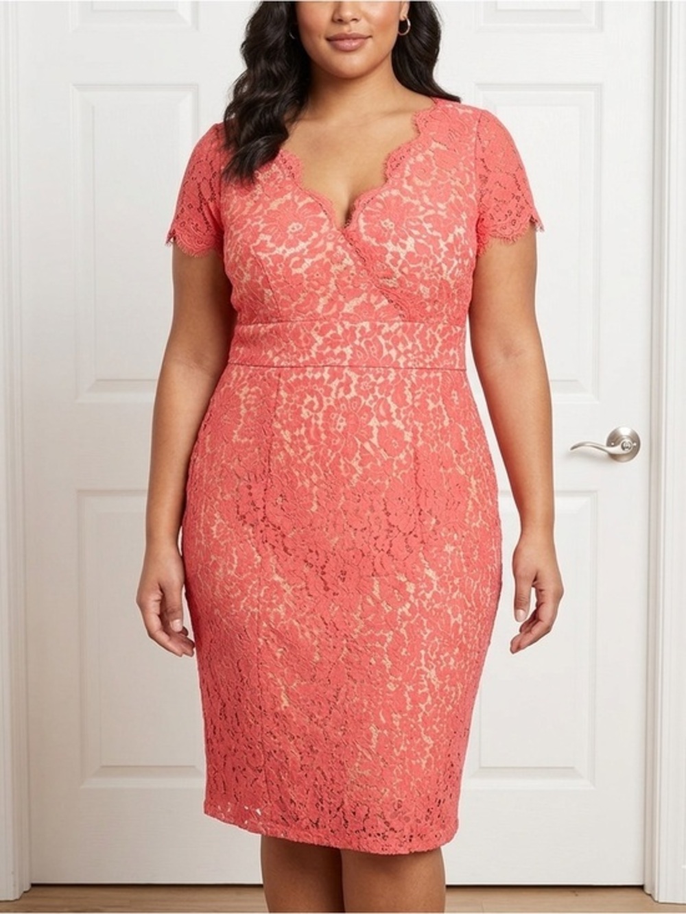 Eliza J Womens 14 Dress Coral Lace V Neck Scallop Short Sleeve Sheath XL